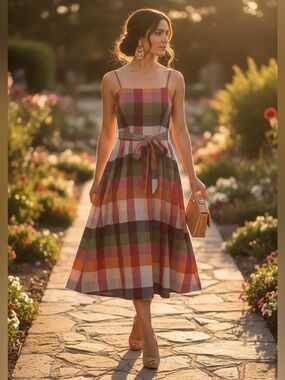 Kate Spade Plaid Midi Sundress with Waist Tie - Multicolor